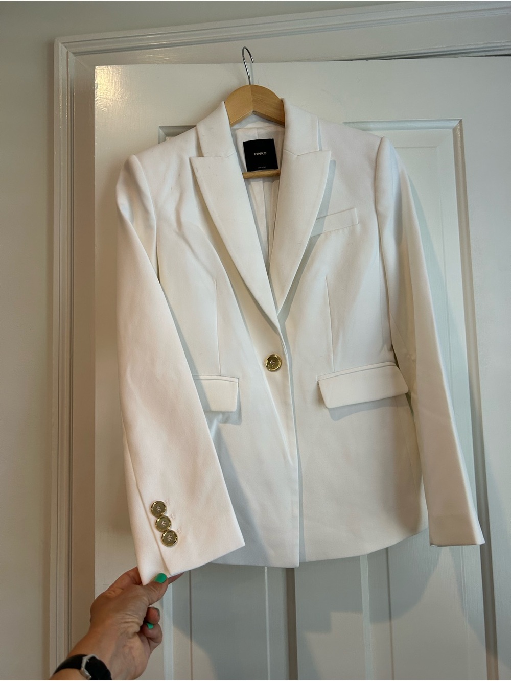 PINKI  White Single-Button Tailored Blazer with Gold Buttons.